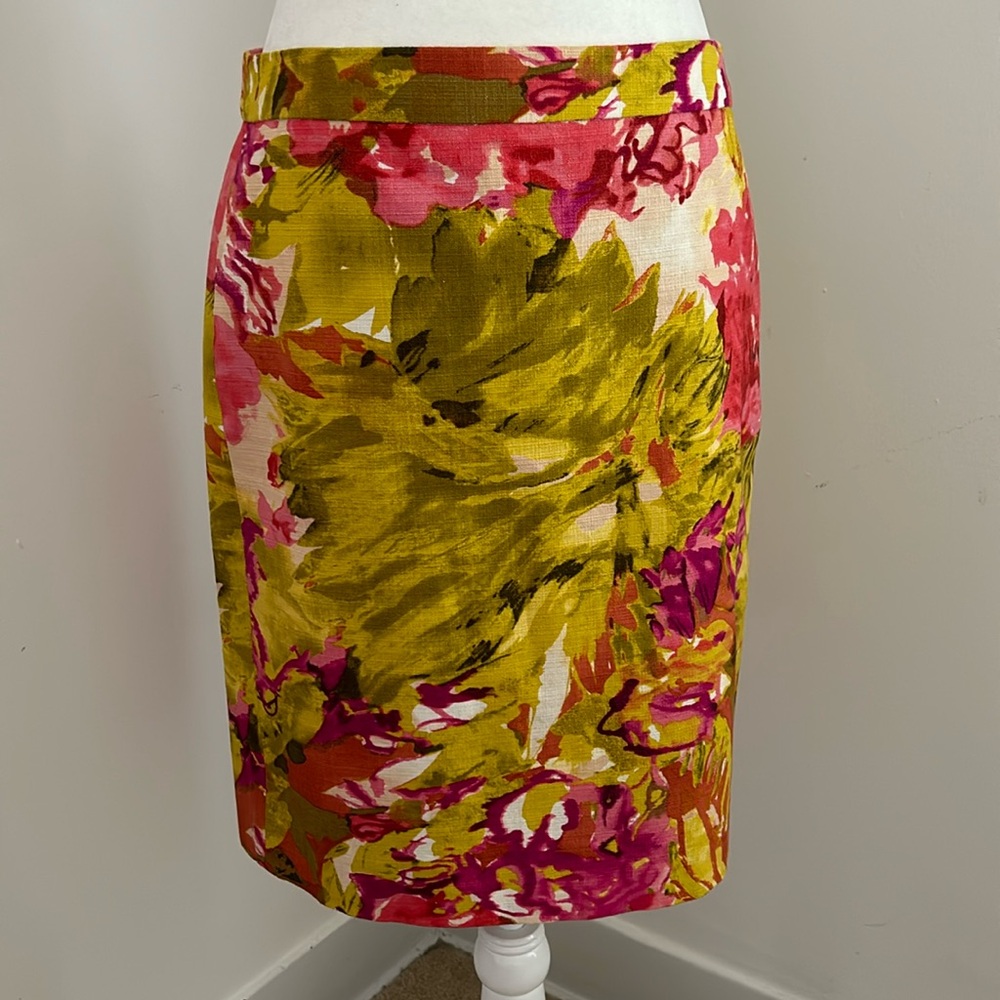 J. Crew Chartreuse/Pink Cotton Pencil Skirt sz 4